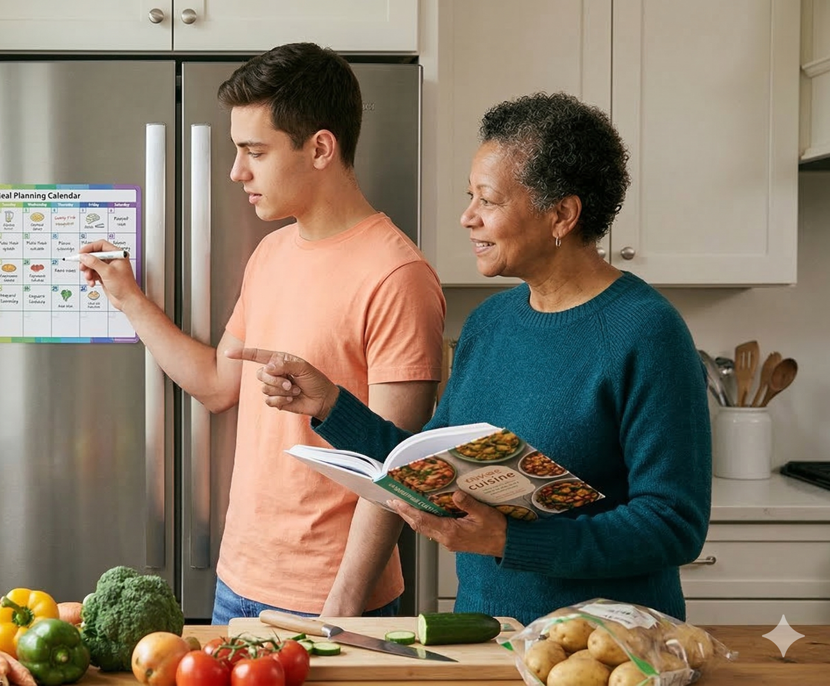 A young man and an older woman in a kitchen discussing meal planning.