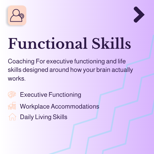 Screen displaying information about functional skills coaching, including executive functioning, workplace accommodations, and daily living skills.