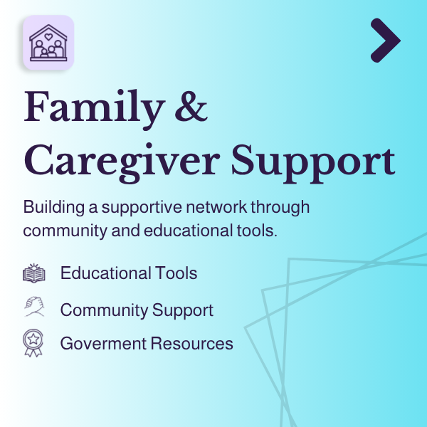 Flyer about family and caregiver support with icons for educational tools, community support, and government resources.