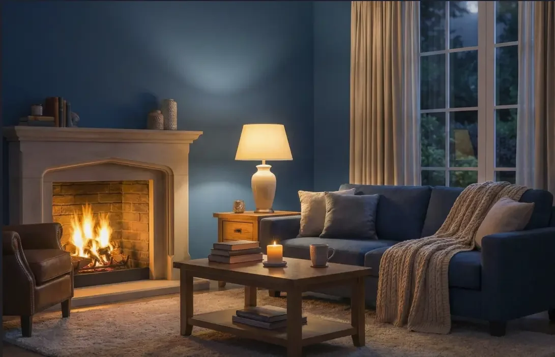 Cozy living room with a lit fireplace, blue walls, a gray sofa with pillows and a throw blanket, a wooden coffee table with candles and books, a side table with a lamp, and large window with beige curtains showing trees outside.