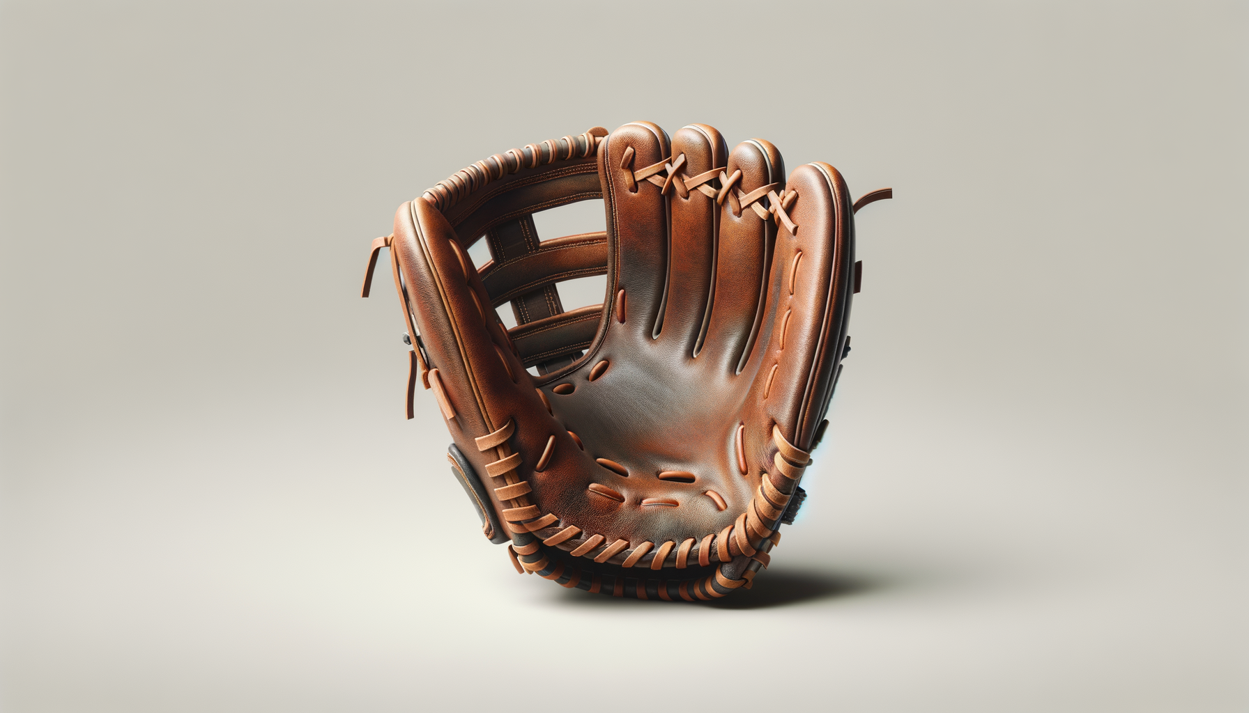 A brown leather baseball glove on a light neutral background.