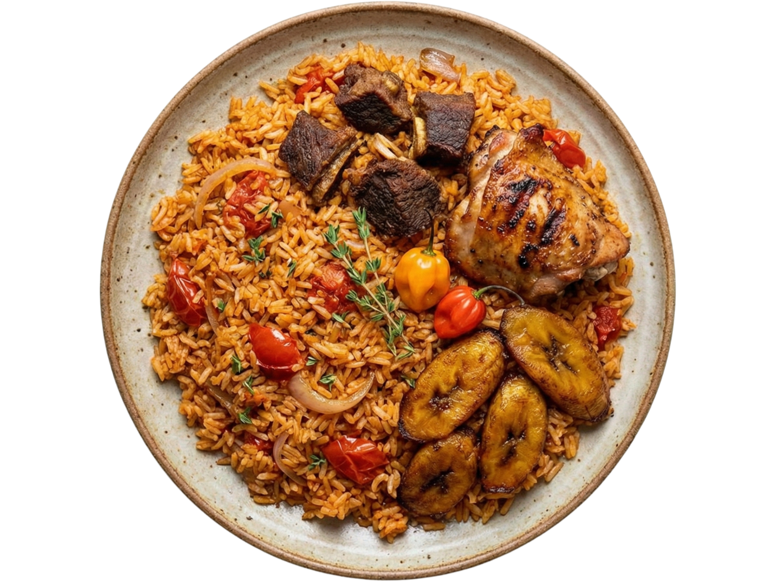 A ceramic plate of jollof rice with cherry tomatoes, fried plantains, grilled chicken thigh, and braised beef ribs, garnished with a sprig of fresh herbs.