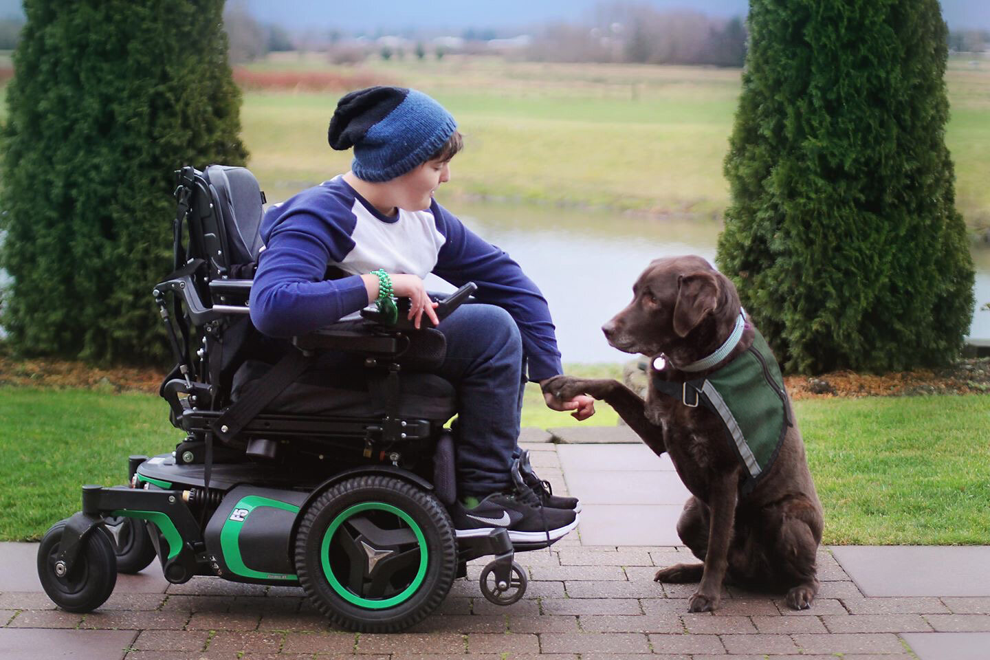 Taysen sits outside in a large motorized wheelchair facing left. Jackson, brown lab, sits in front of Jackson. Human and dog shake each others hand.