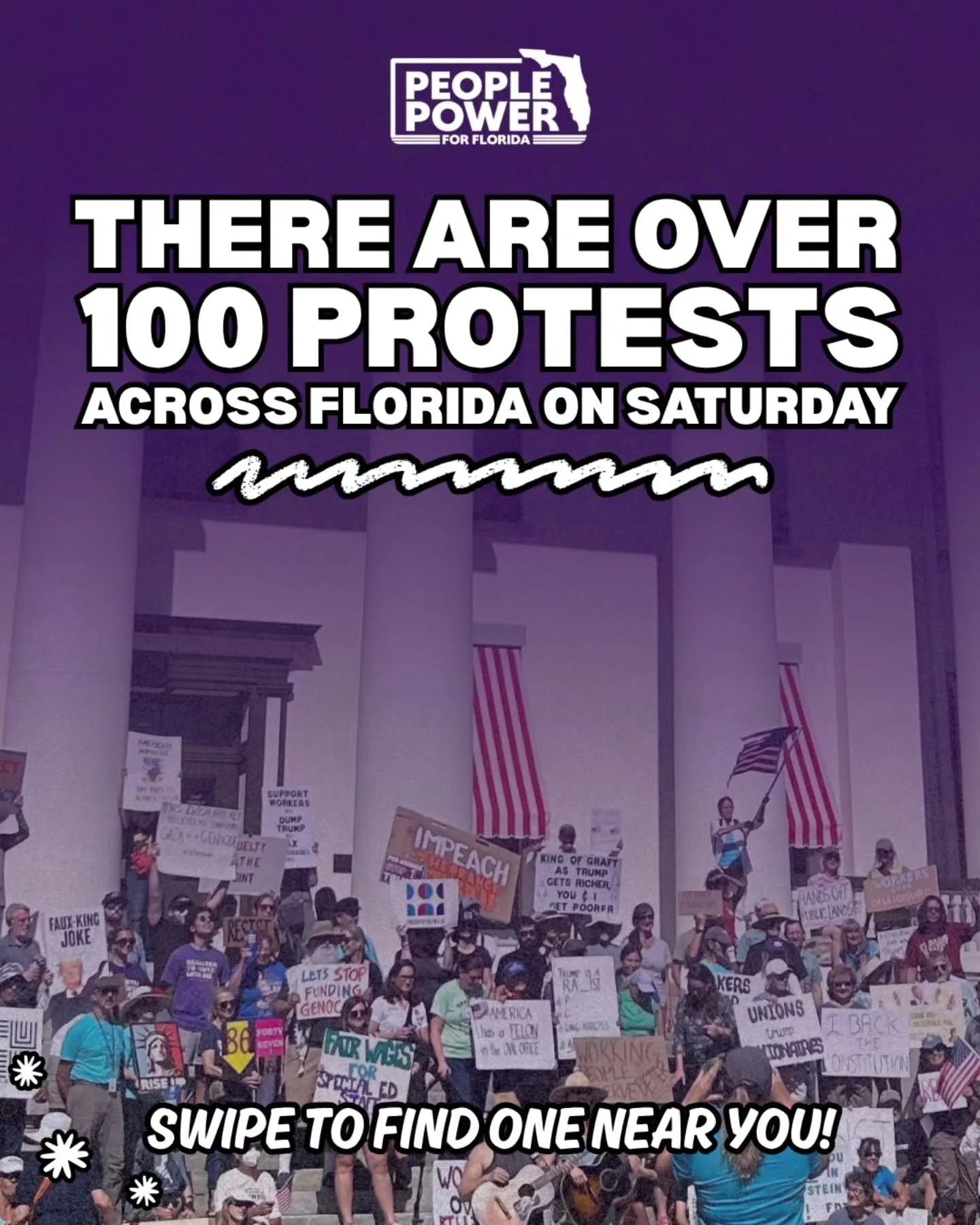 There are OVER 100 PROTESTS happening across Florida this Saturday, March 28th, to stand up for JUSTICE and DEMAND ACCOUNTABILITY‼️

Swipe for a list of protest locations across the state ➡️ for more information visit nokings.org 📢

See one we're mi