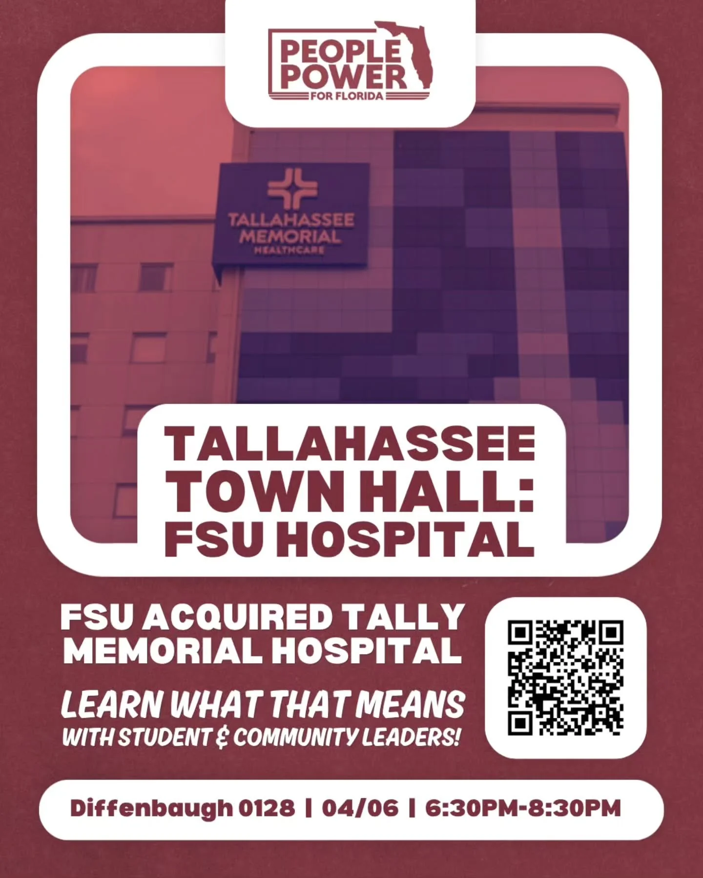 TALLAHASSEE: Come learn about FSU's acquisition of Tallahassee Memorial Hospital with our student leaders! 🏨

📍 Diffenbaugh 0128
🗓 04/06, 6:30PM-8:30PM

Scan the QR code or go to the link in our bio for more information 🔗