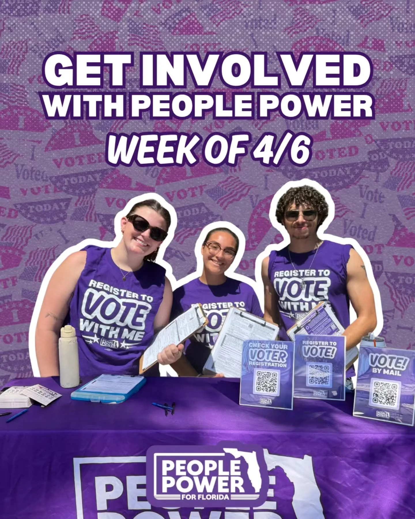 Happy Monday, Volunteers! ✨️

We're on different college campuses across the state weekly--here's your guide to where we'll be this week!

Nearby? Volunteer with us or stop by to register or update your voter registration or go to Peoplepowerfl.org!