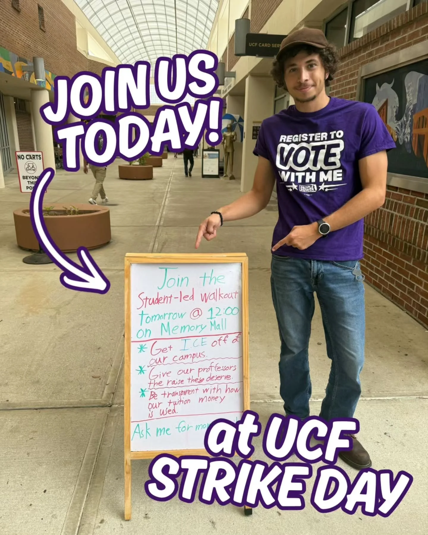 UCF: JOIN THE STUDENT-LED WALKOUT TODAY📢

Today, 4/10, at 12PM on Memory Mall, we will be walking out to demand:

✓ Ending (287)g and get ICE off of UCF's campus,
✓ Giving UCF professors and faculty fair wages,
✓ Transparency over how UCF is spendin
