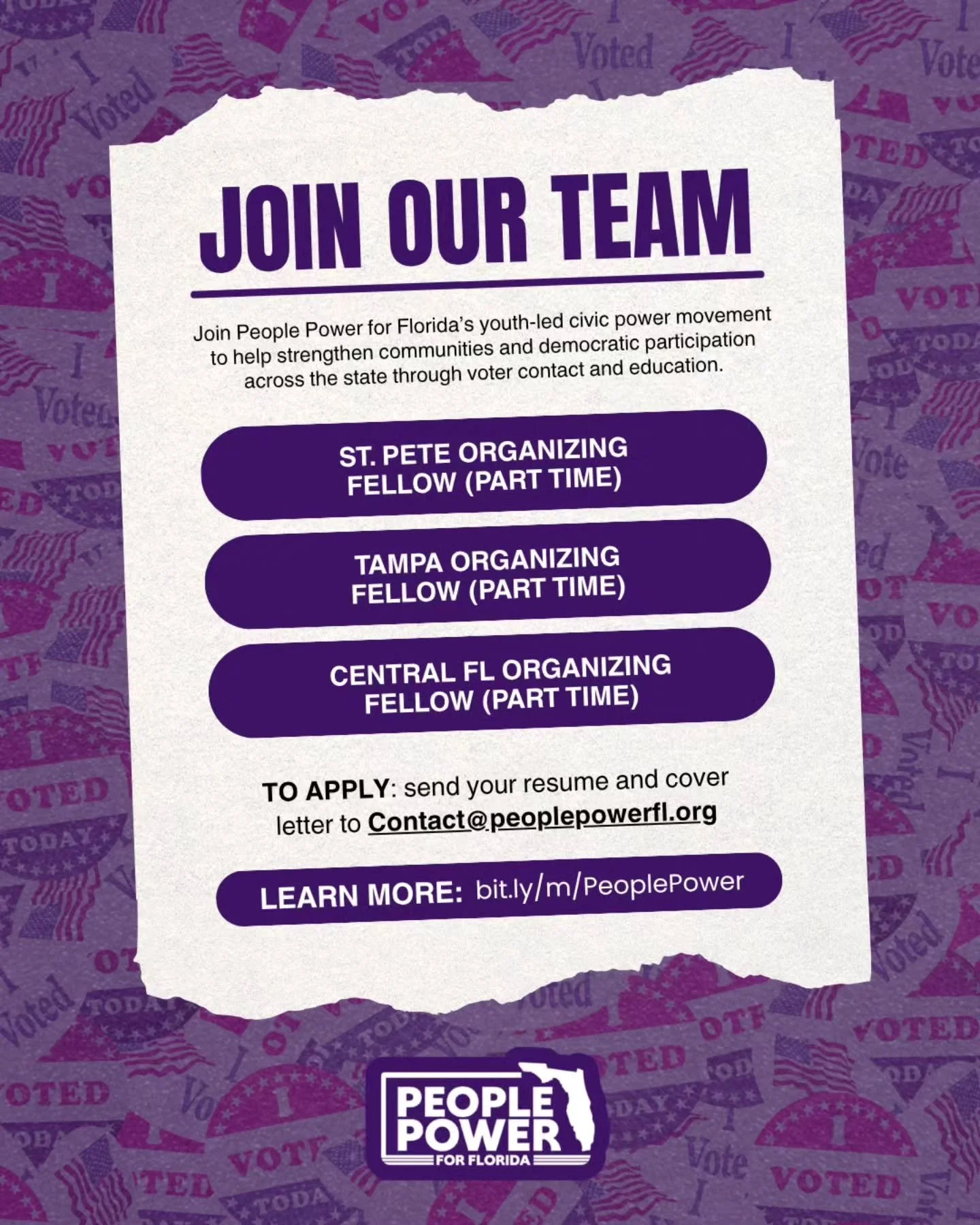 People Power For Florida is currently hiring‼️

See below for more information ⬇️

Are you a young changemaker looking to help strengthen communities and democratic participation across our state? We are currently looking for changemakers across the 
