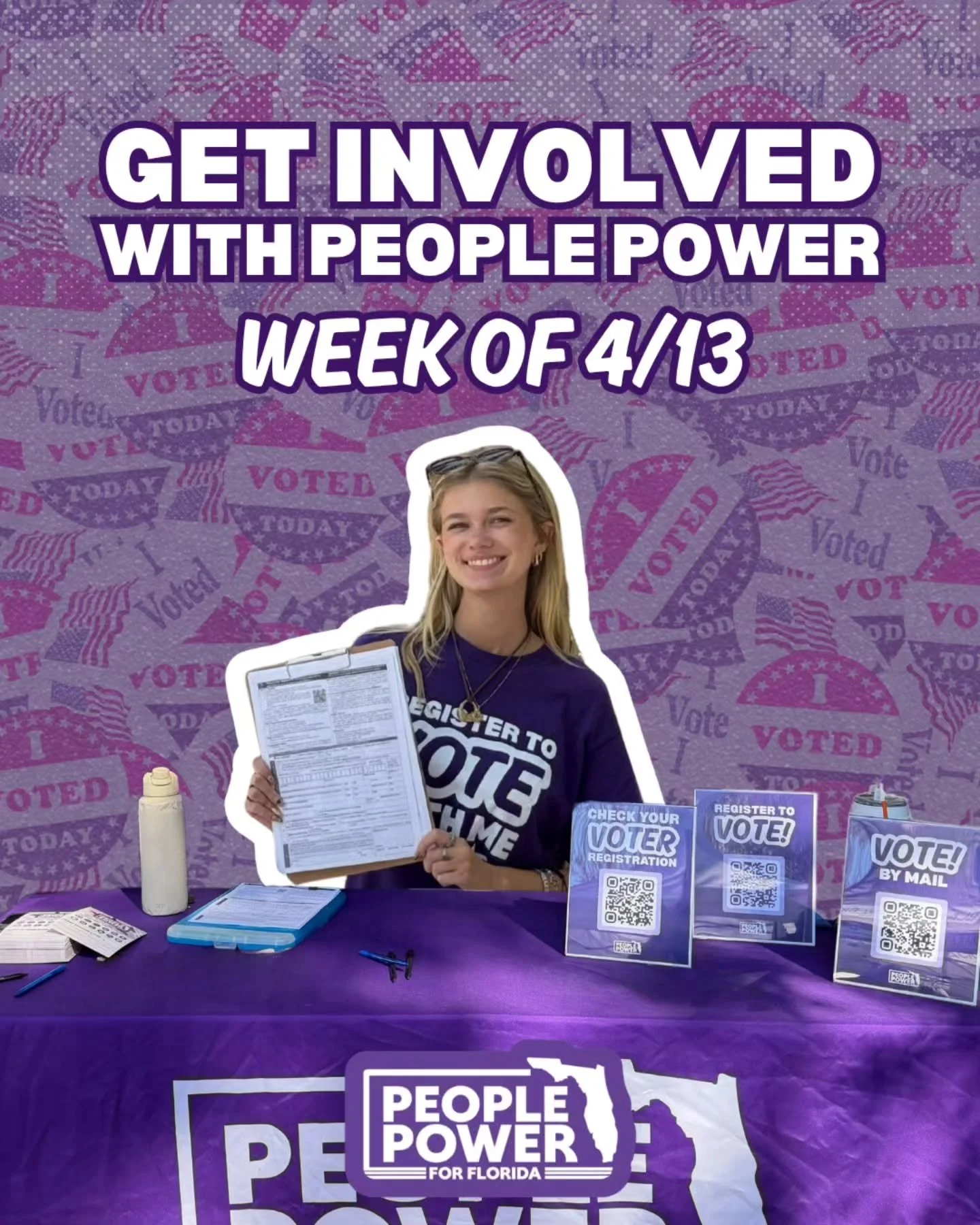 Happy Monday, Volunteers! ✨️

We're on different college campuses across the state weekly--here's your guide to where we'll be this week!

Nearby? Volunteer with us or stop by to register or update your voter registration or go to Peoplepowerfl.org!