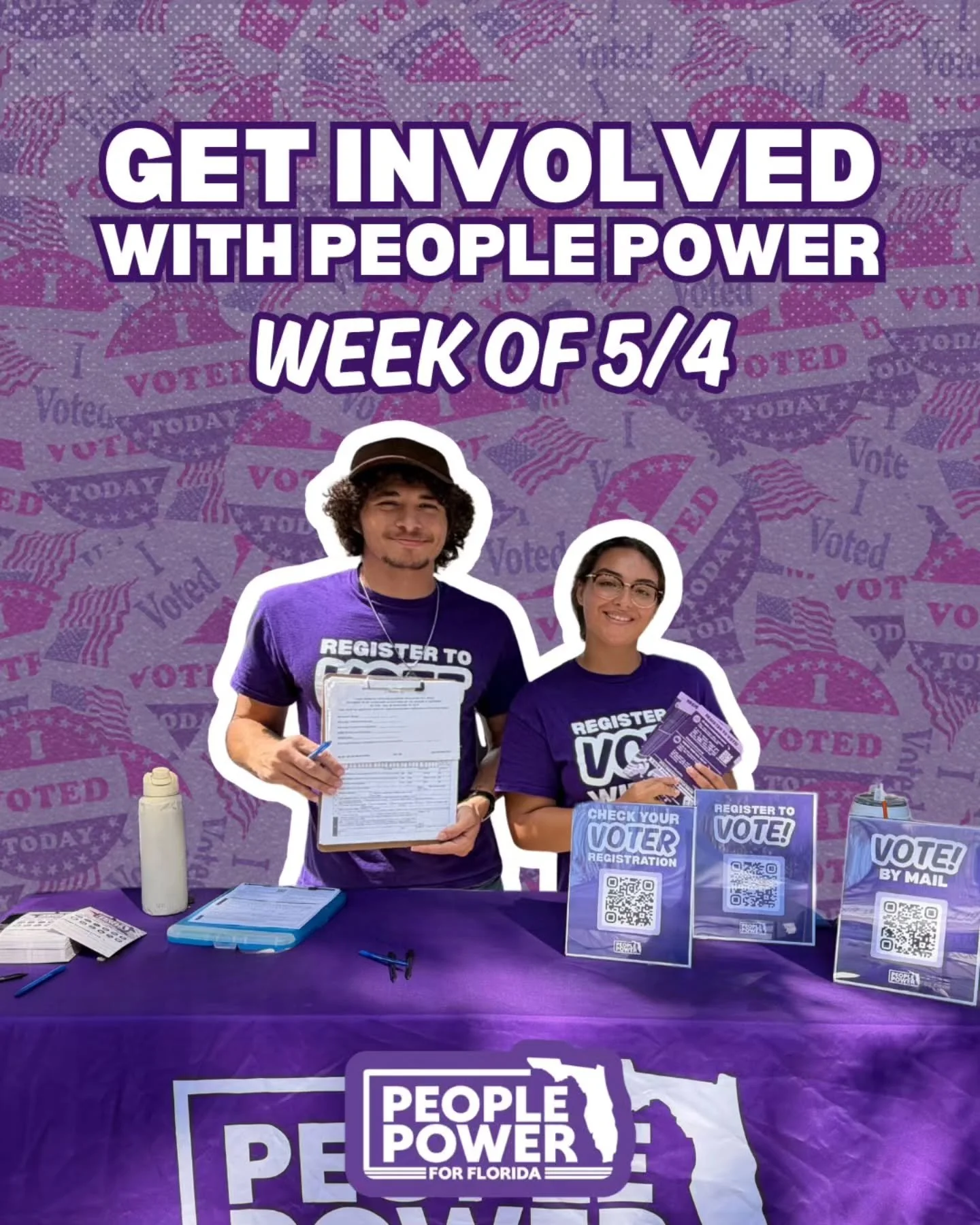 Happy Monday, Volunteers! ✨️

We're on different college campuses across the state weekly--here's your guide to where we'll be this week!

Nearby? Volunteer with us or stop by to register or update your voter registration or go to Peoplepowerfl.org!