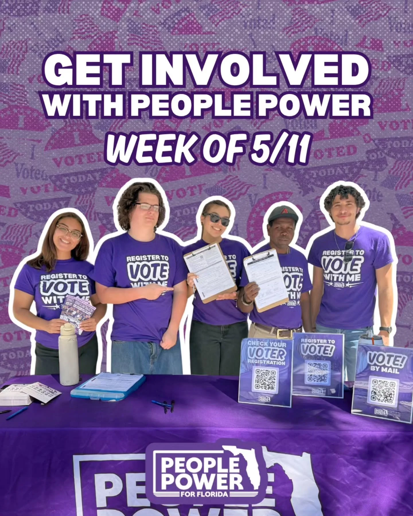 Happy Monday, Volunteers! ✨️

We're on different college campuses across the state weekly--here's your guide to where we'll be this week!

Nearby? Volunteer with us or stop by to register or update your voter registration or go to Peoplepowerfl.org!