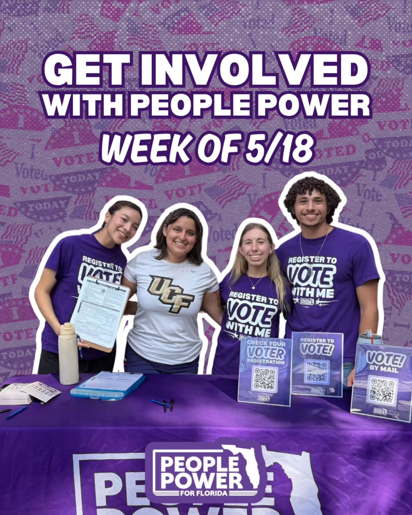 Happy Monday, Volunteers! ✨️

We're on different college campuses across the state weekly--here's your guide to where we'll be this week!

Nearby? Volunteer with us or stop by to register or update your voter registration or go to Peoplepowerfl.org!