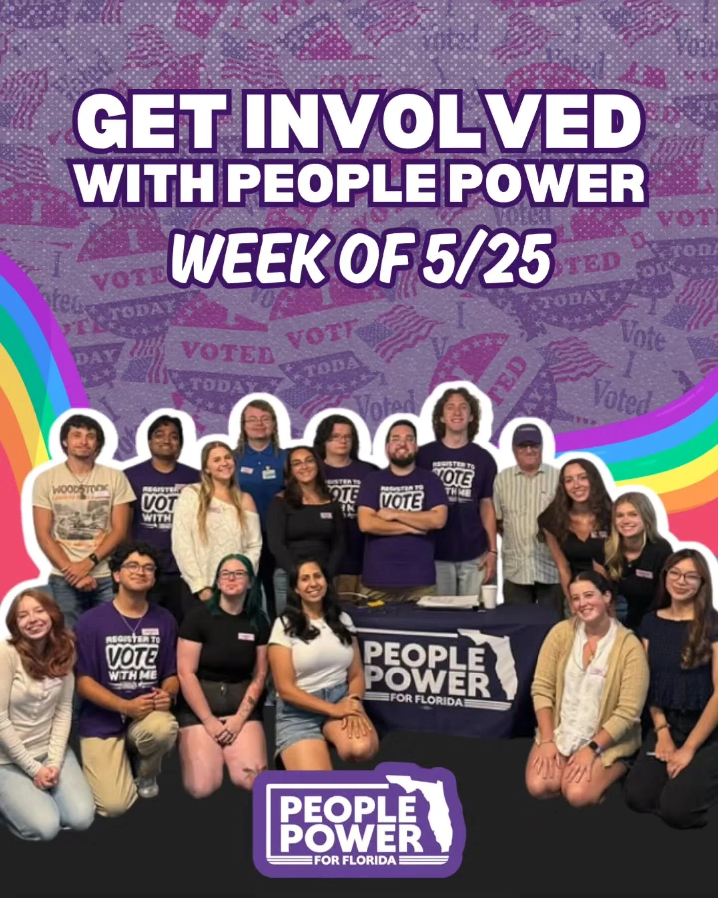 Happy Pride Month, Volunteers! 🌈✨️

We're on different college campuses across the state weekly--here's your guide to where we'll be this week!

Nearby? Volunteer with us or stop by to register or update your voter registration or go to Peoplepowerf