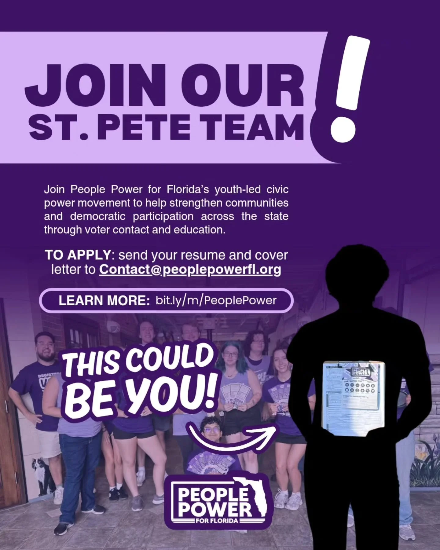 People Power For Florida is currently hiring a ST. PETE FELLOW‼️

See below for more information ⬇️

Are you a young changemaker looking to help strengthen communities and democratic participation across our state? We are currently looking for change