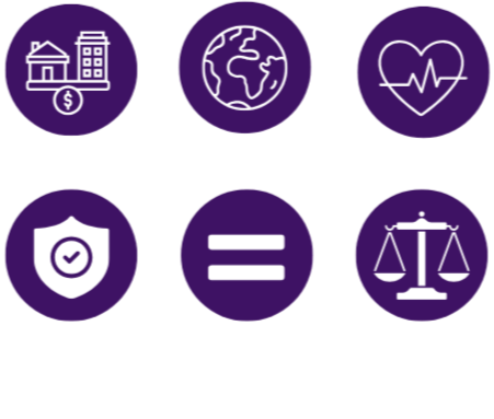 Icons representing Housing, Environment, Healthcare, Public Safety, Learning Rights, and Accountability.
