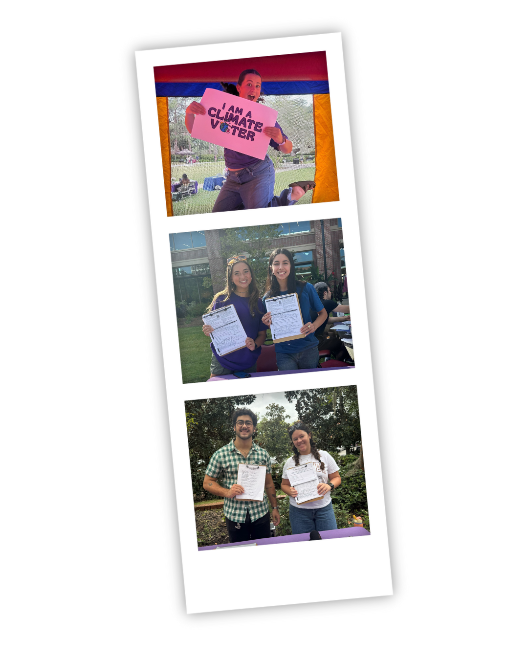 A collage of three photos taken at an outdoor event. The top photo features a woman holding a pink sign that says 'I am a climate voter' and jumping in front of a tent. The middle photo shows two young women holding voting documents and smiling in front of a modern building. The bottom photo depicts a young man and woman standing outdoors, each holding voting documents, with trees and greenery in the background.