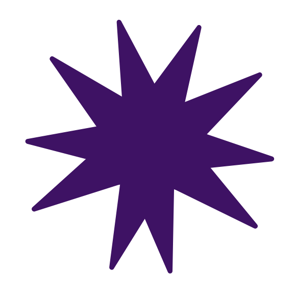 Purple starburst shape with multiple pointed rays against a black background.