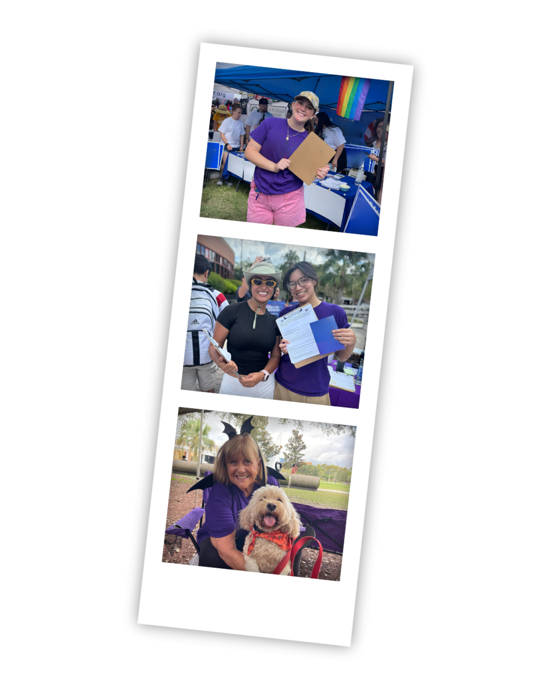 A collage of three photos from an outdoor event. The first photo shows a smiling young woman in a purple shirt and pink shorts holding a clipboard under a blue tent decorated with a rainbow pride flag. The second photo features two women smiling and holding documents, with one wearing sunglasses and a sunhat, and the other in glasses, against a background of trees and a building. The third photo shows a woman in a purple shirt with bat wings and horns, smiling with her tongue out, sitting on a bench with a large, fluffy, light-colored dog, with trees and an open field in the background.