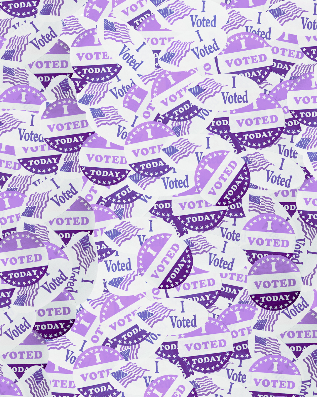 A collection of numerous purple, black, and white stickers with the words 'Voted,' 'I Voted,' and 'Today,' some featuring American flags.