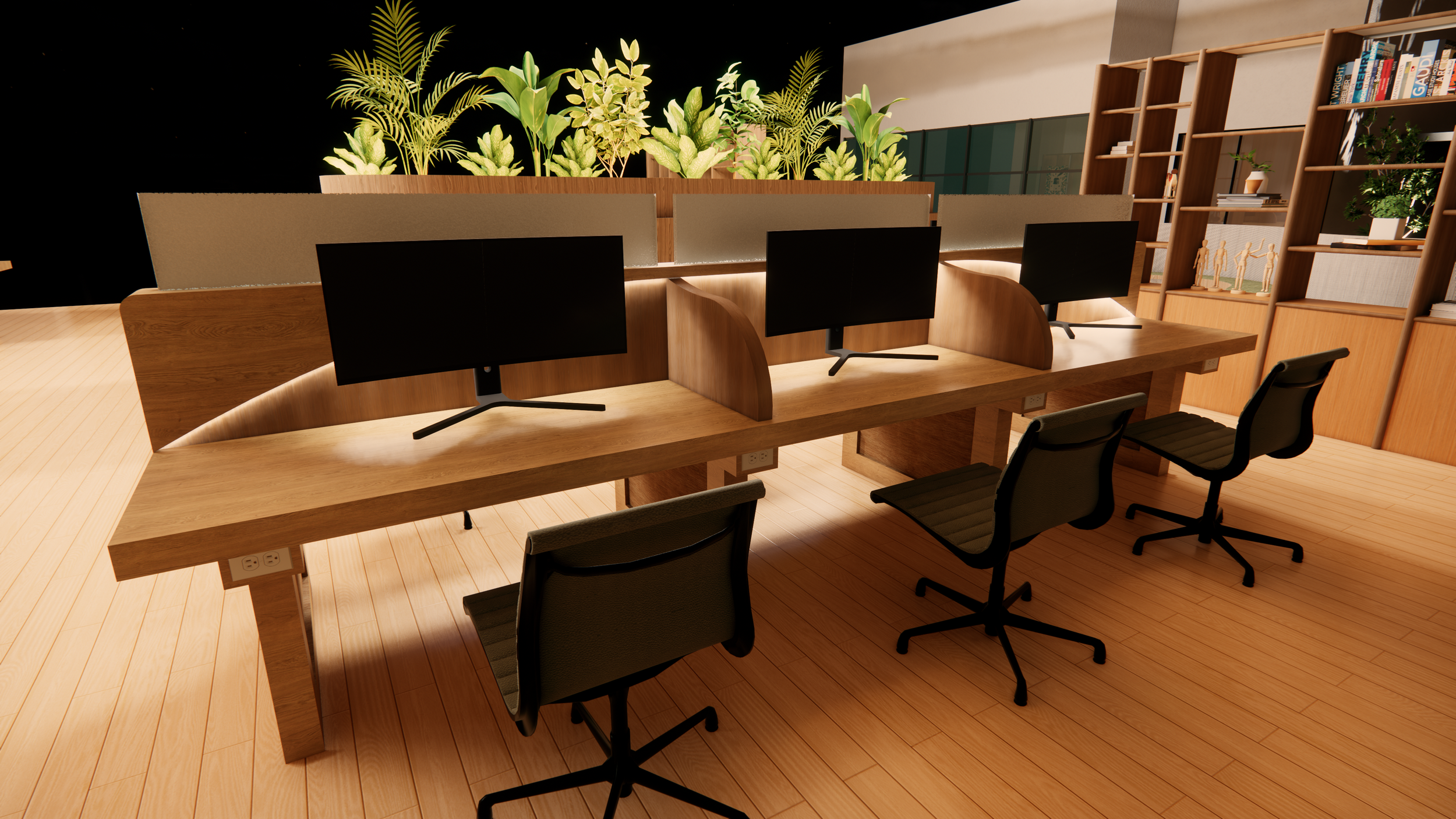 Planter seating, shelf unit, and workspace table were designed and created in SketchUP. Rendered in Enscape (1/2)