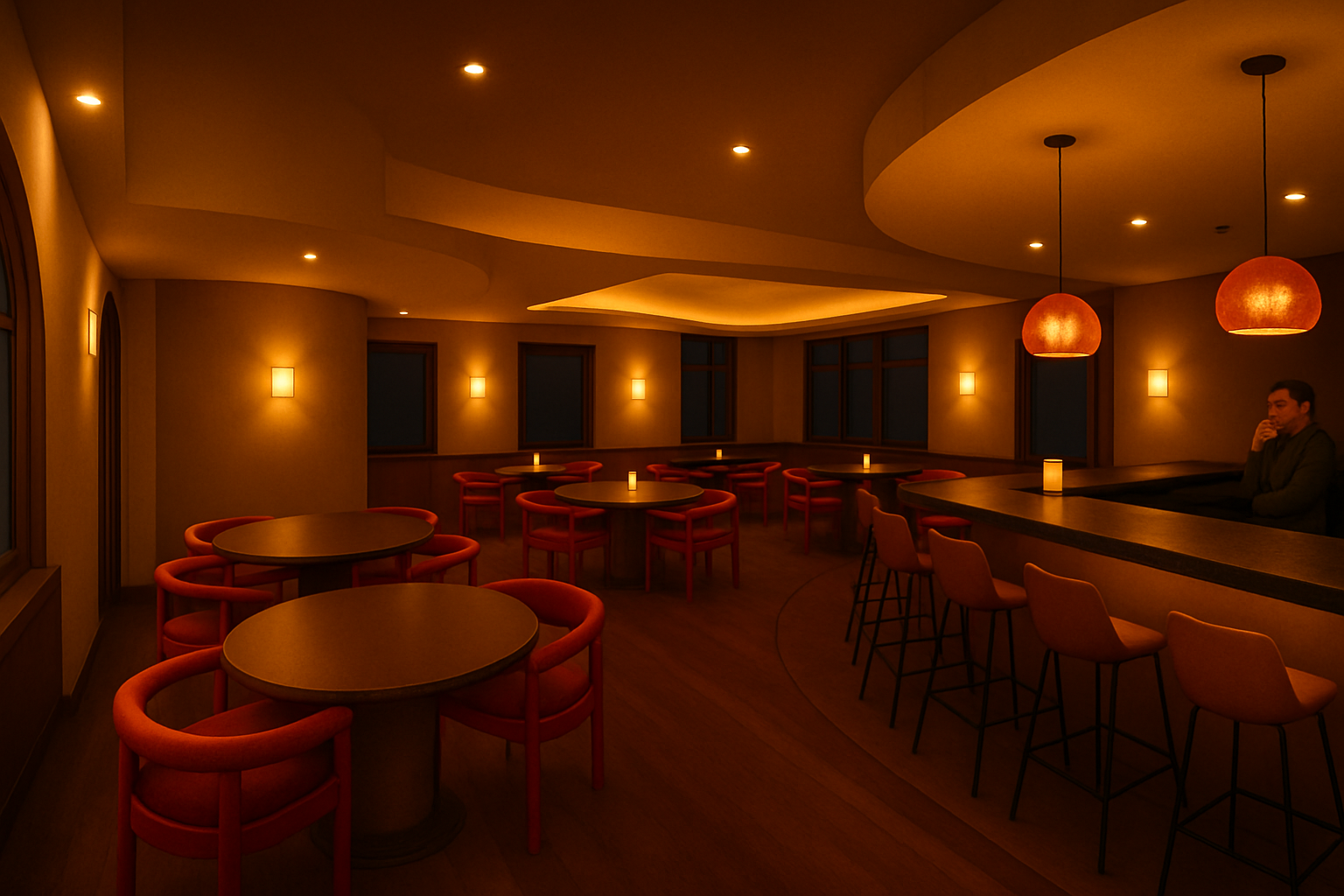 Studio II - "Central Hearth" Restaurant. Created in AutoCAD, SketchUp, rendered with AI. 