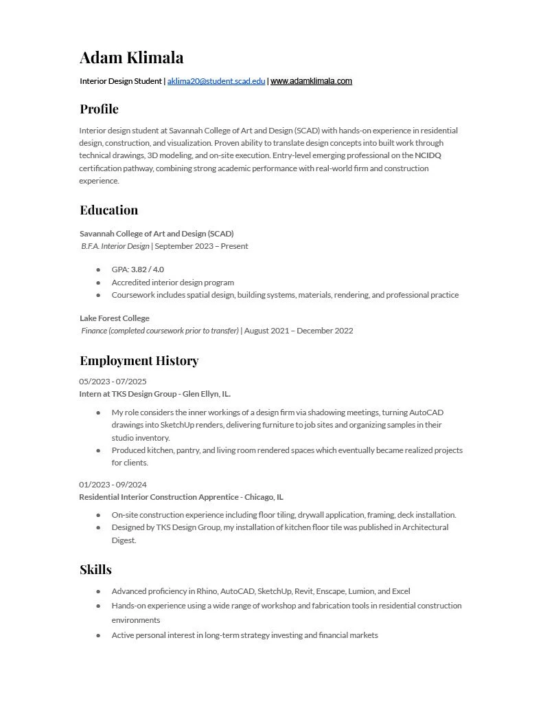 A resume for Adam Klimala displaying sections for Profile, Education, Employment History, and Skills.