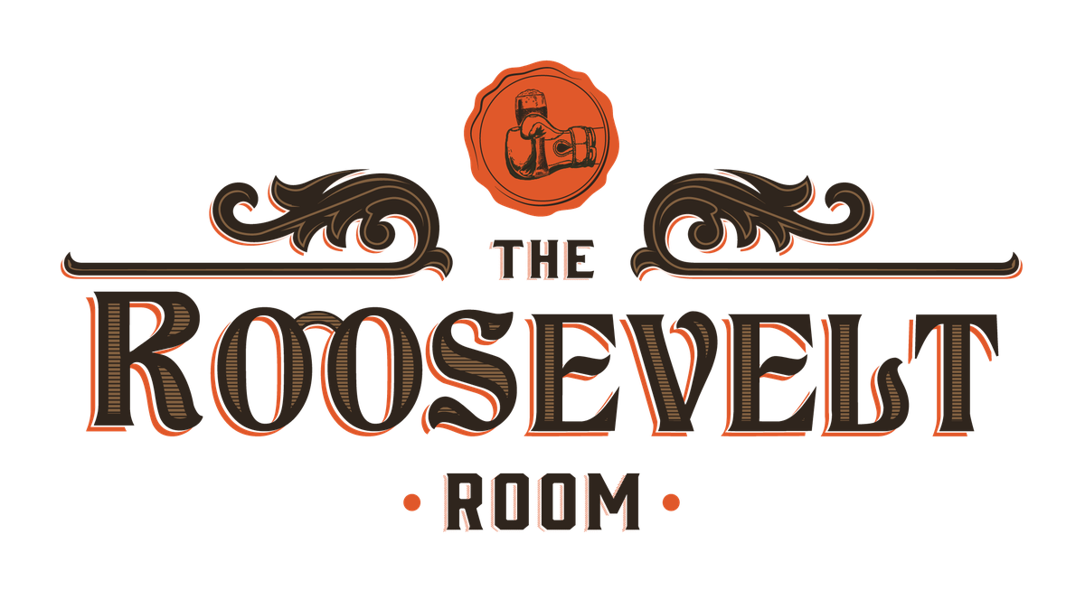 Logo for The Roosevelt Room featuring vintage boxing gloves and decorative flourishes.