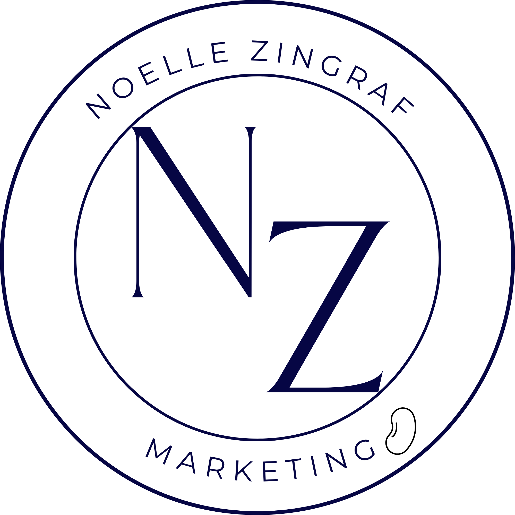 A logo with a circular design featuring the words 'Nell Zingraf' at the top and 'Marketing' at the bottom, with stylized lines and shapes in blue and black colors.