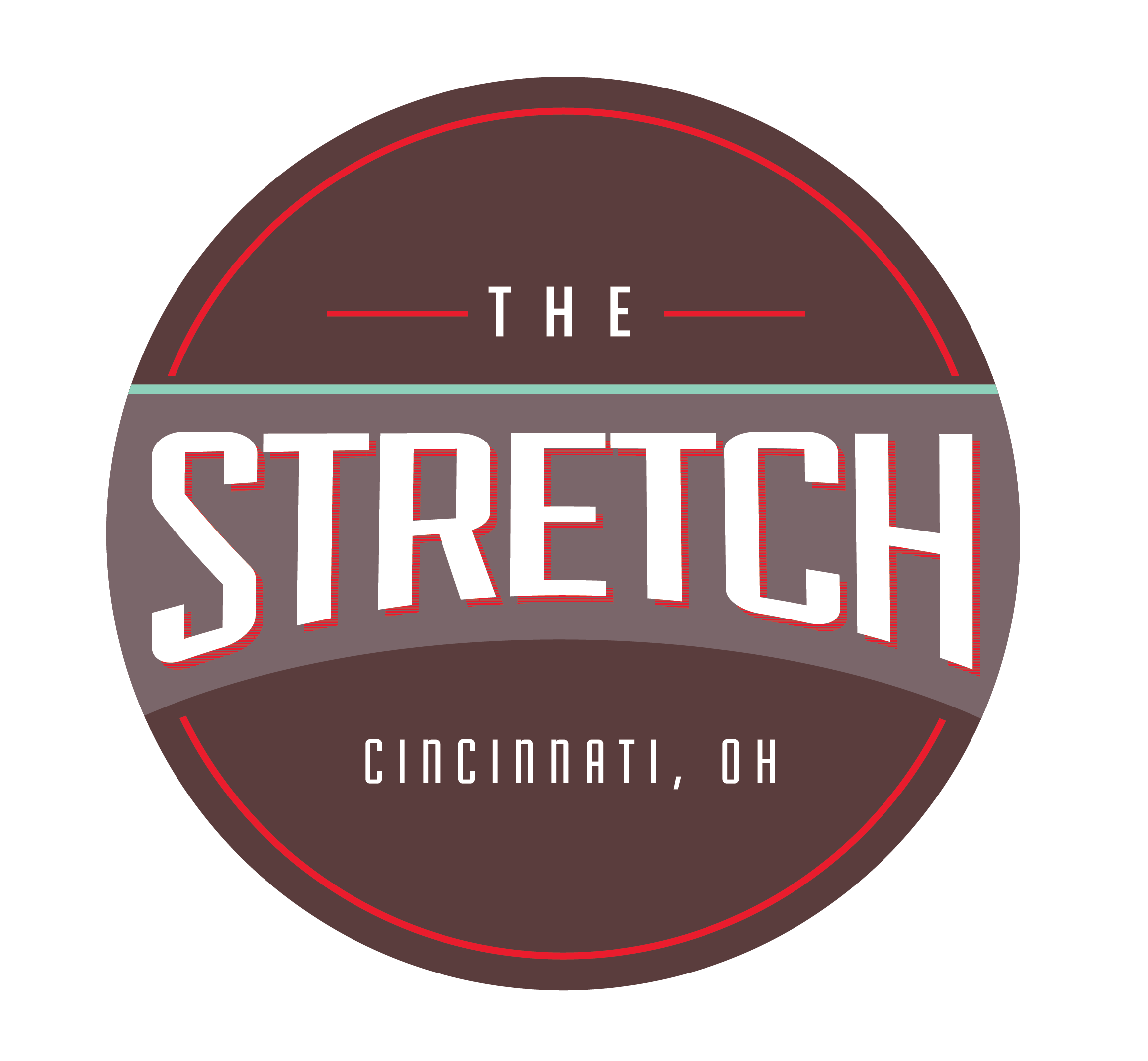 Round logo with a black background, featuring a gray circle with red outline and text that reads 'The Cincinnati, OH'.