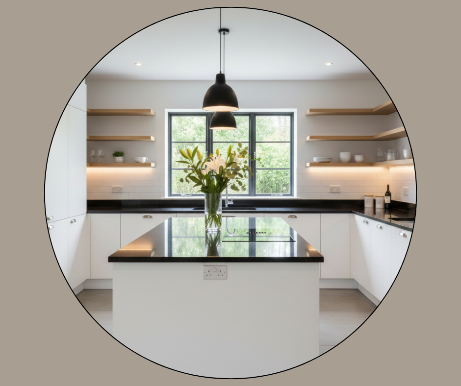 minimalist and modern kitchen with shiny countertops and a bouquet of flowers