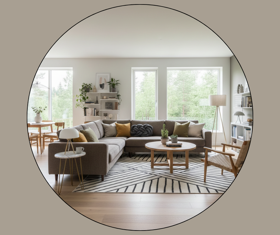 styled living room with an L-shaped grey couch and vibrant pillows