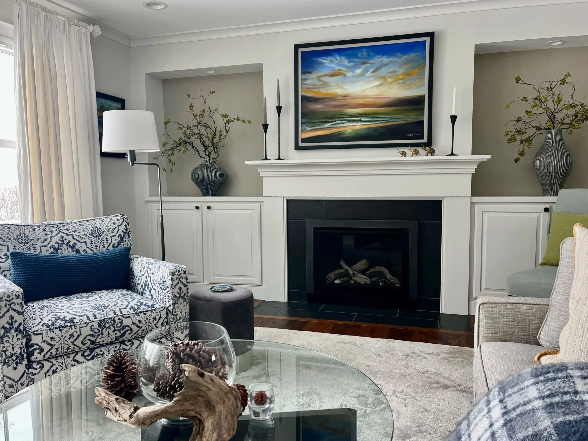 cape cod styled living room with blue and neutral accents