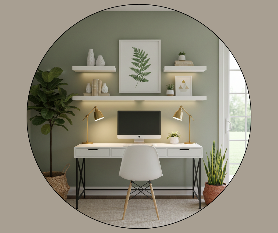 dimly lit office space with floating shelves and soft lighting