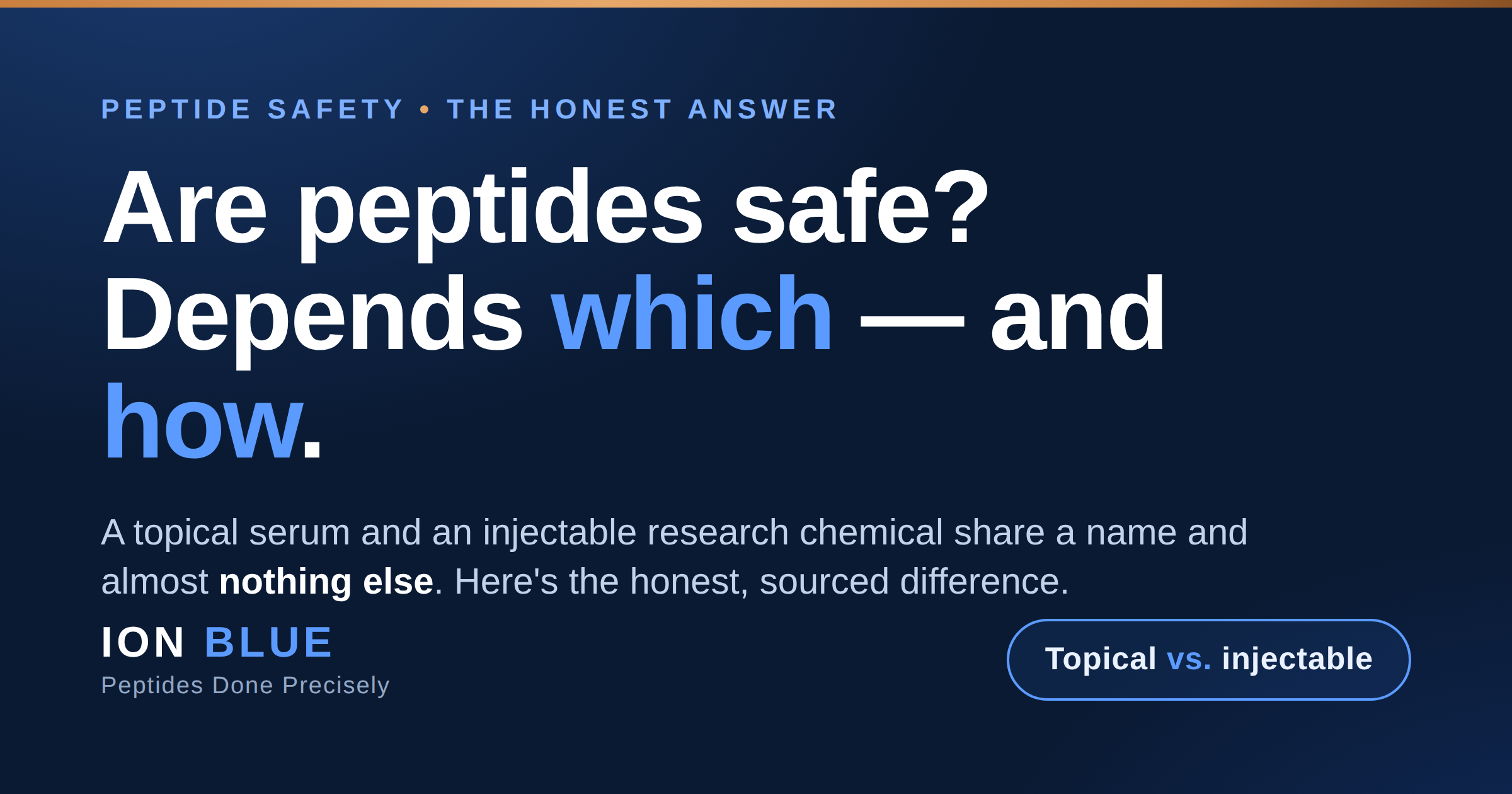 A dark blue webpage with the text "Are peptides safe? Depends which — and how." in large white and blue font. Additional text discusses peptide safety and compares topical versus injectable forms.