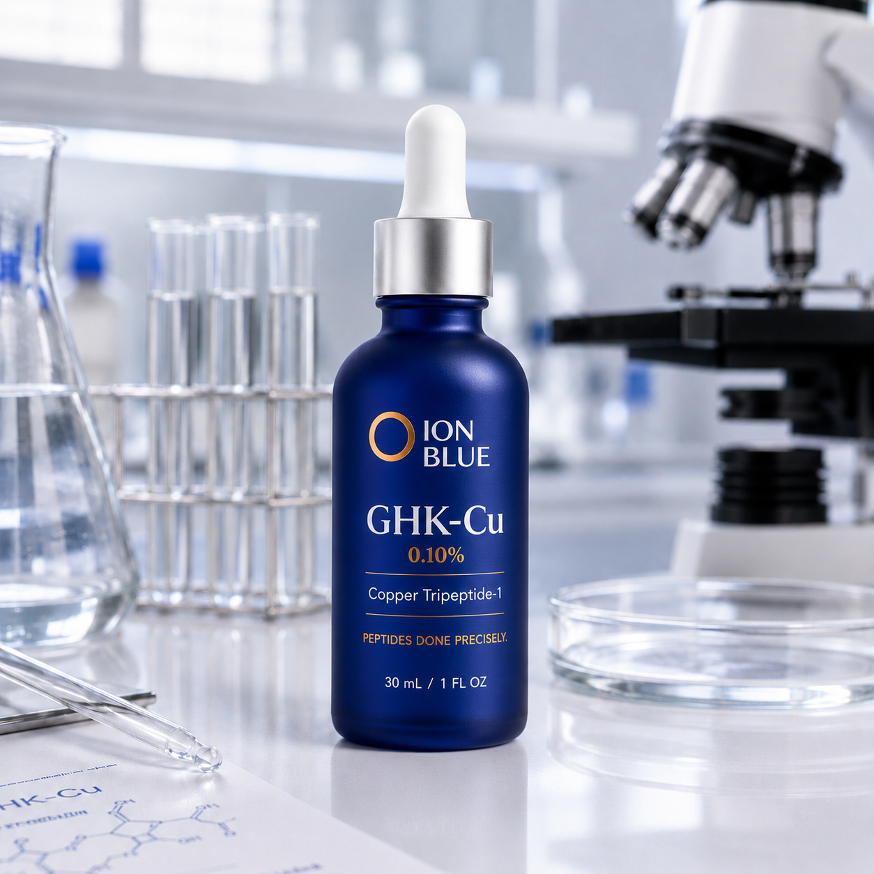 ION BLUE GHK-Cu 0.10% copper peptide serum in a laboratory setting with microscope and glassware — Copper Tripeptide-1, research-backed skincare.