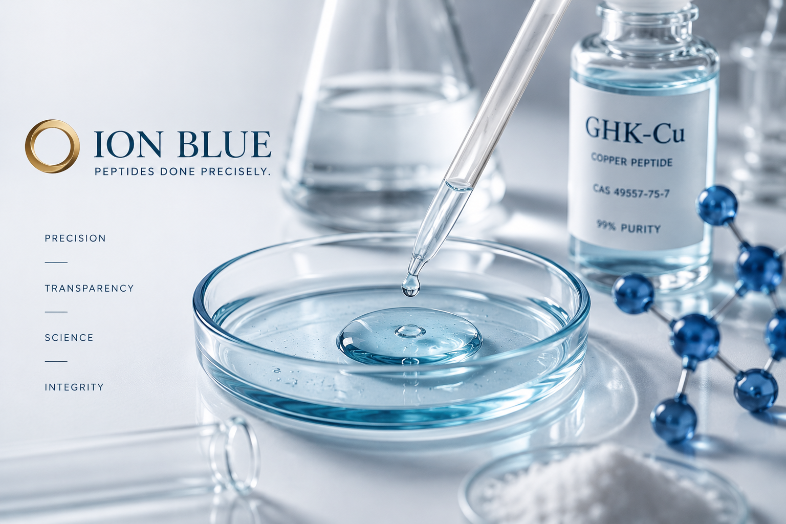 Clinical peptide skincare research featuring laboratory glassware, a peptide solution, and a GHK-Cu inspired molecular structure representing transparency, precision, and science-driven formulation.