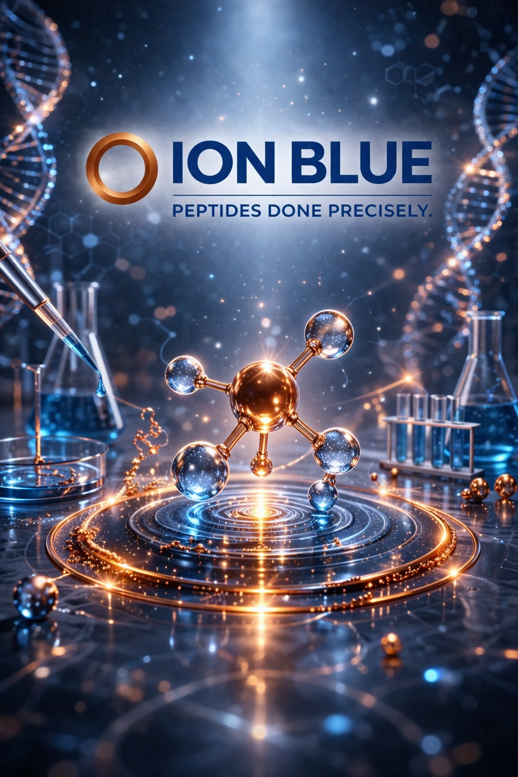 ION BLUE peptides done precisely brand image with copper peptide molecule in clinical lab setting