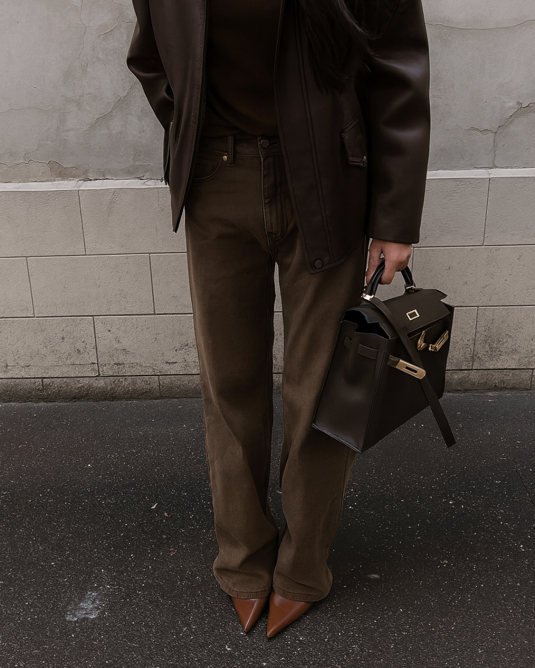 Person wearing brown leather jacket and brown pants, holding a black handbag, standing on pavement against a stone wall.