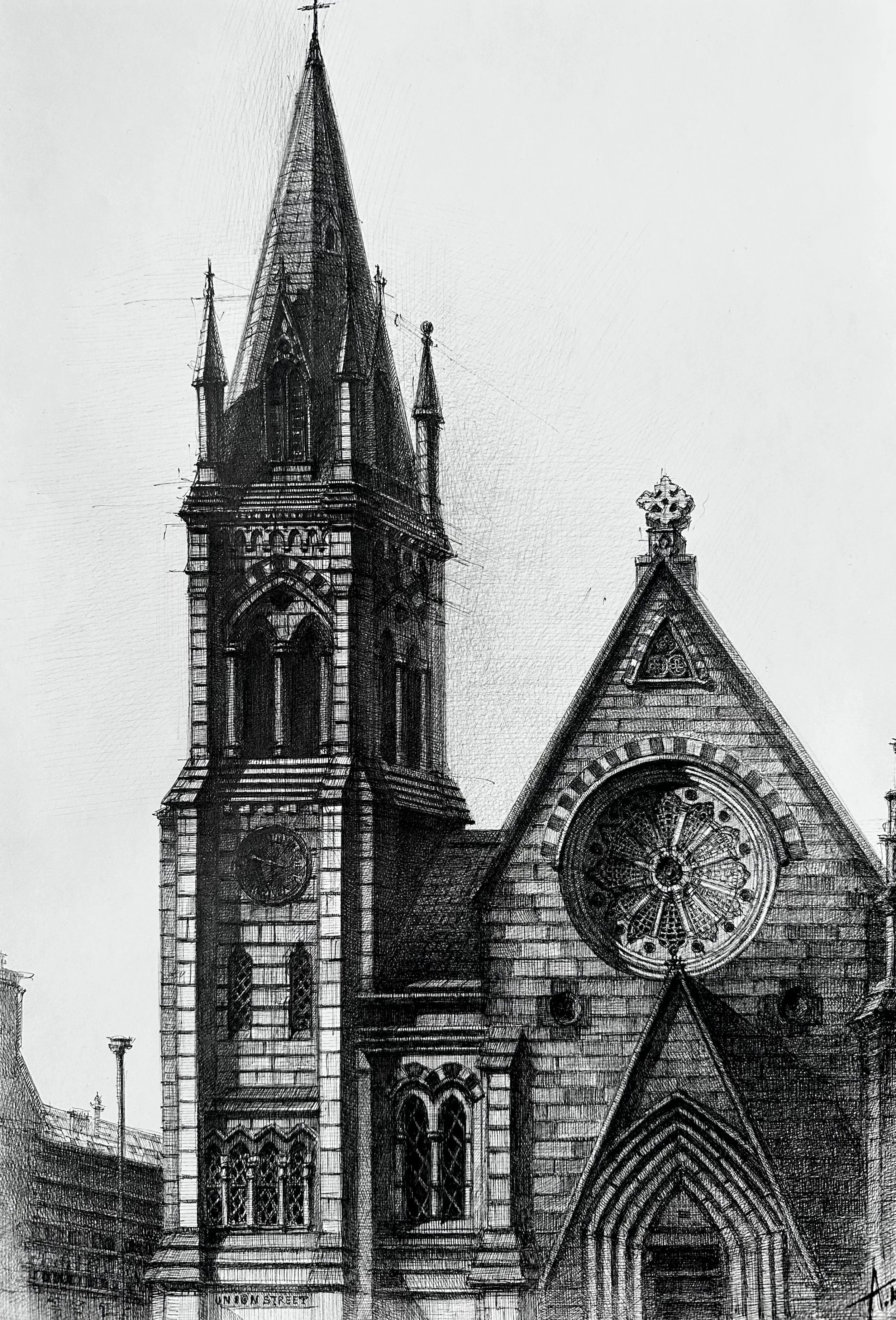 Architectural ink drawing of historic building in Scotland