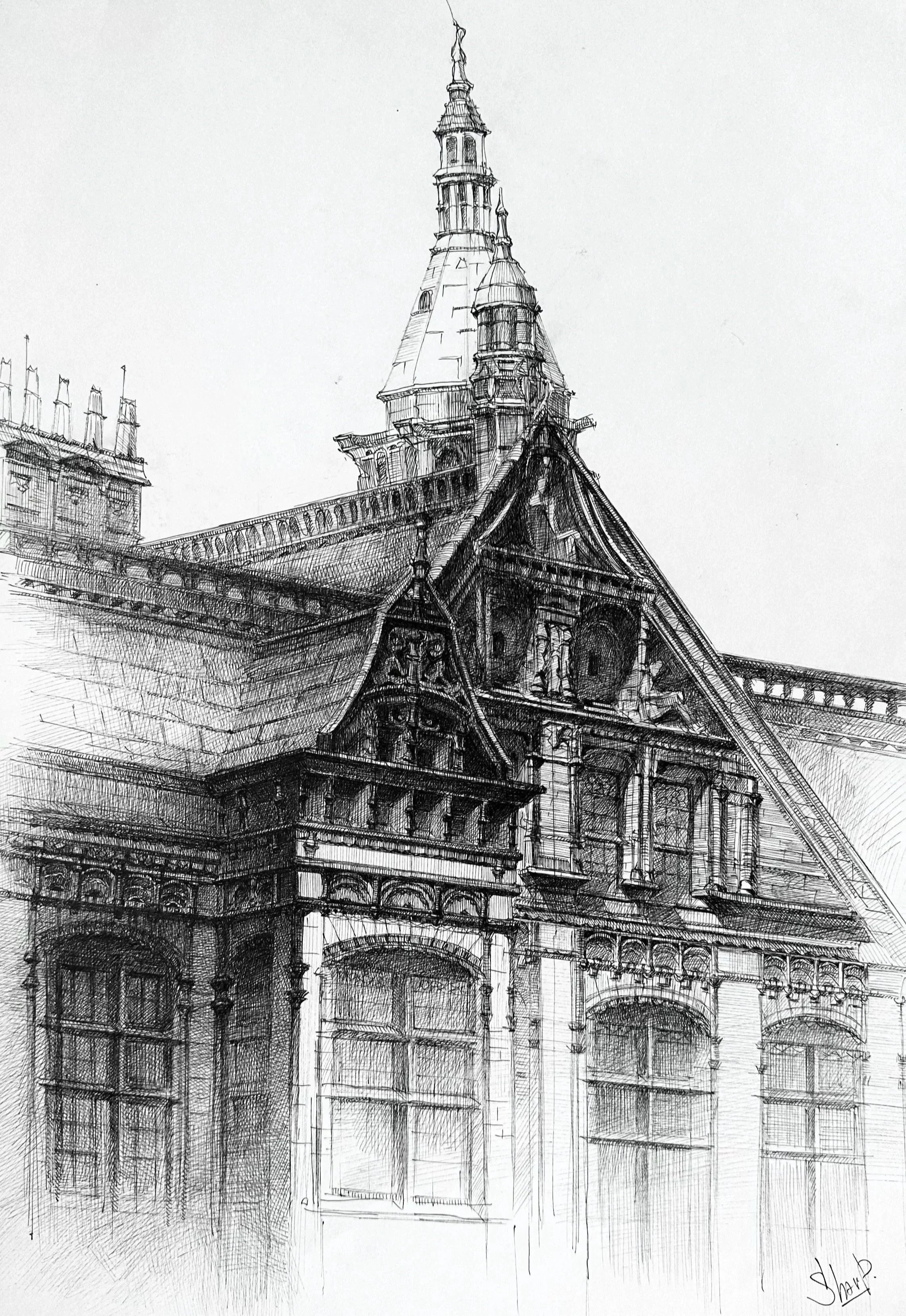 Architectural ink drawing of historic building in England