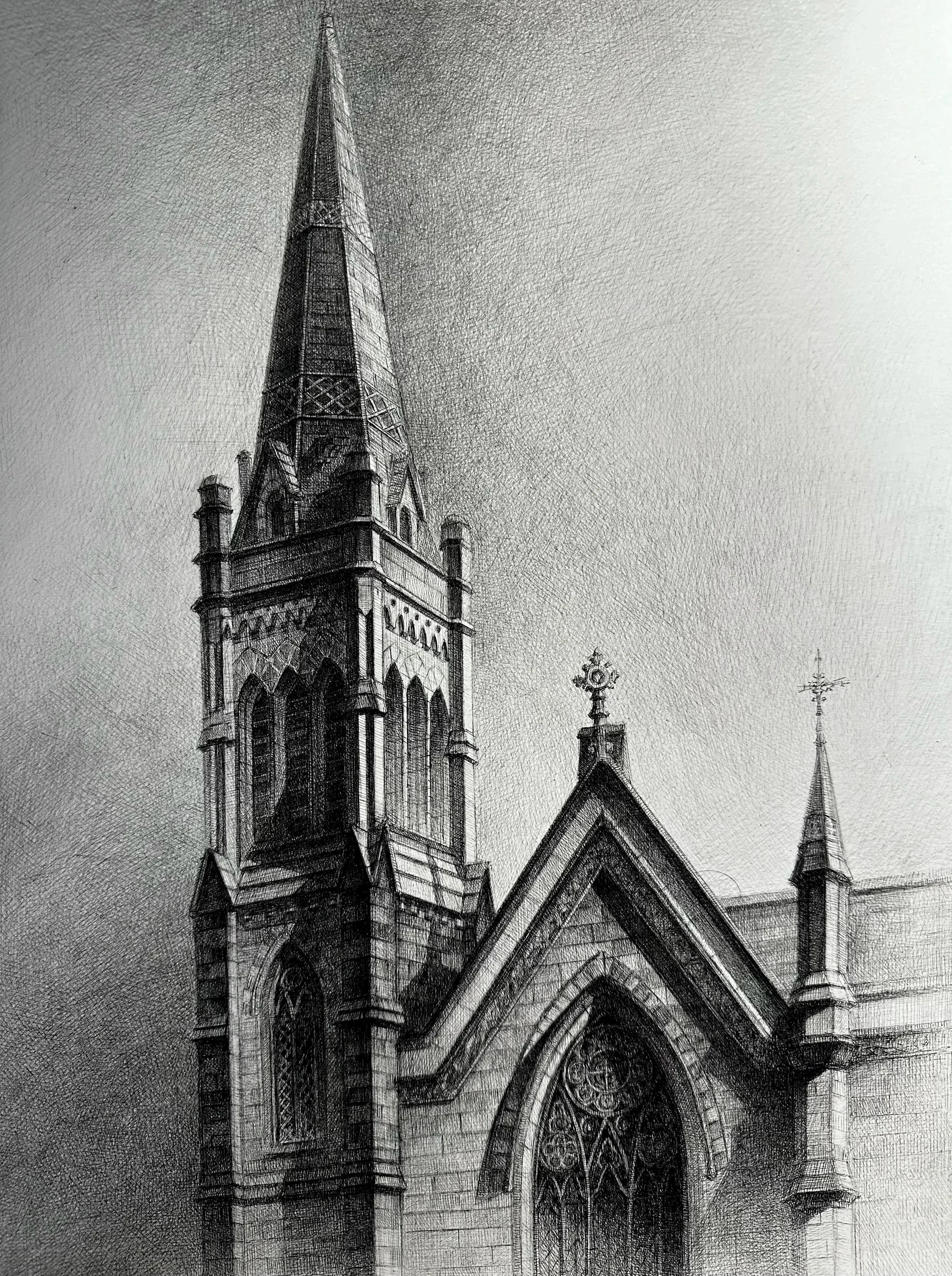 Architectural ink drawing of a gothic church in Scotland