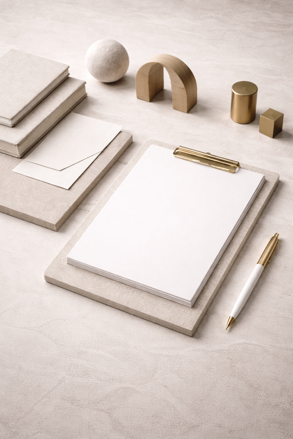 Flat lay of neutral-toned office supplies including a notepad with a gold clip, a gold pen, stacked notebooks, white envelopes, geometric decor pieces, and a clipboard with blank white paper on a light stone surface.