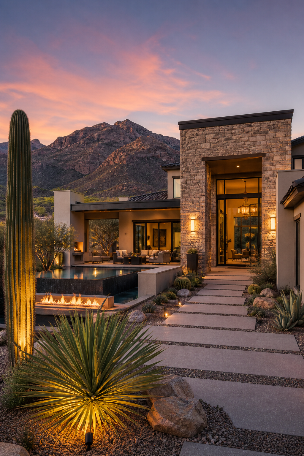 Luxury home in Tucson Arizona with desert landscaping and mountain views
