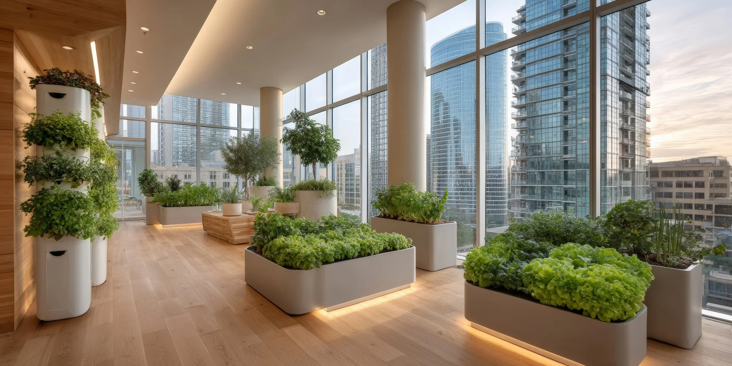 Innenraum mit großen Fenstern, viele grüne Pflanzen in weißen und holzfarbenen Topfkästen, modern und hell, Ausblick auf eine Stadt mit Hochhäusern bei Sonnenuntergang.