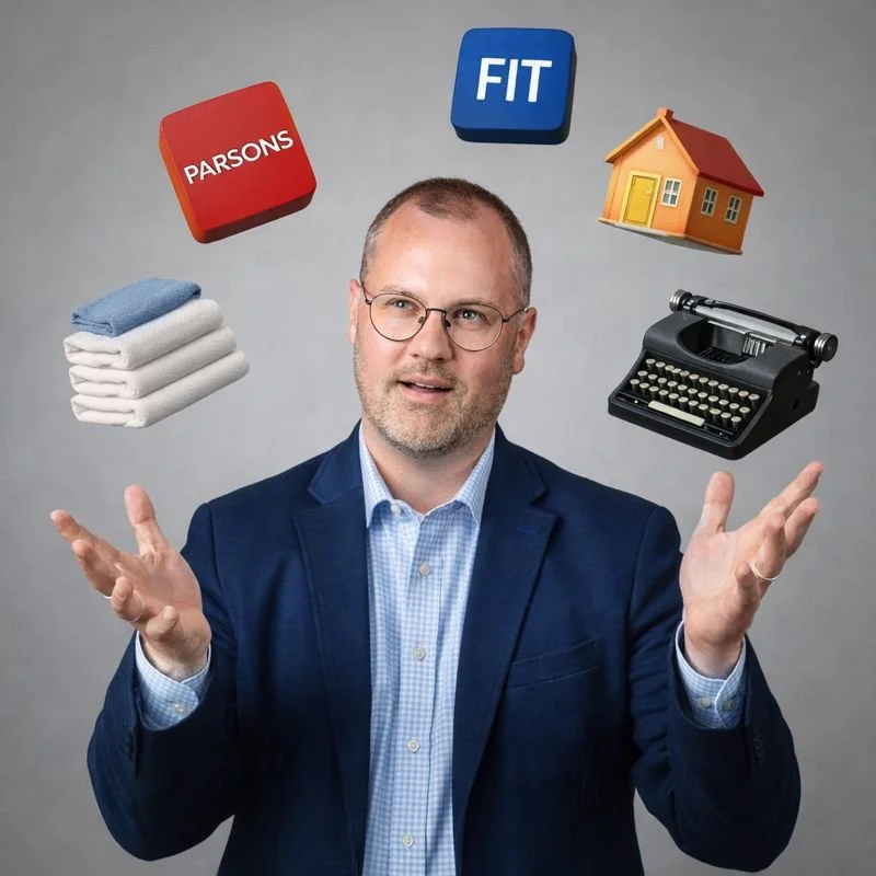 A man in a blue blazer and glasses juggling various objects, including folded towels, a house model, a typewriter, and floating blocks labeled 'Parsons' and 'Fit'.