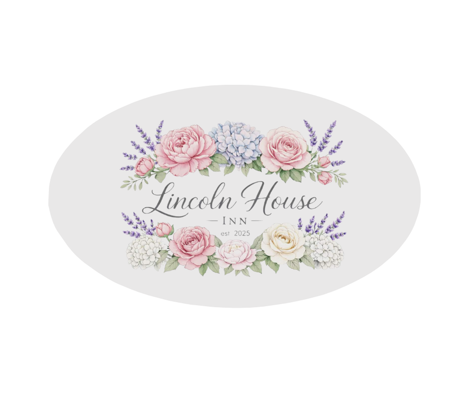Logo for Lincoln House Inn featuring pink roses, blue hydrangeas, lavender, and white flowers with elegant script text and a white background