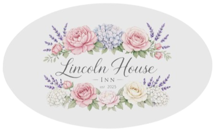 Oval sign with floral decoration at the top and bottom, reading "Lincoln House Inn," established in 2025.