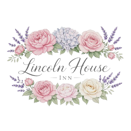 Floral logo with pink and white roses, purple lavender, and blue hydrangeas surrounding the text 'Lincoln Hoase Inn' in elegant script.