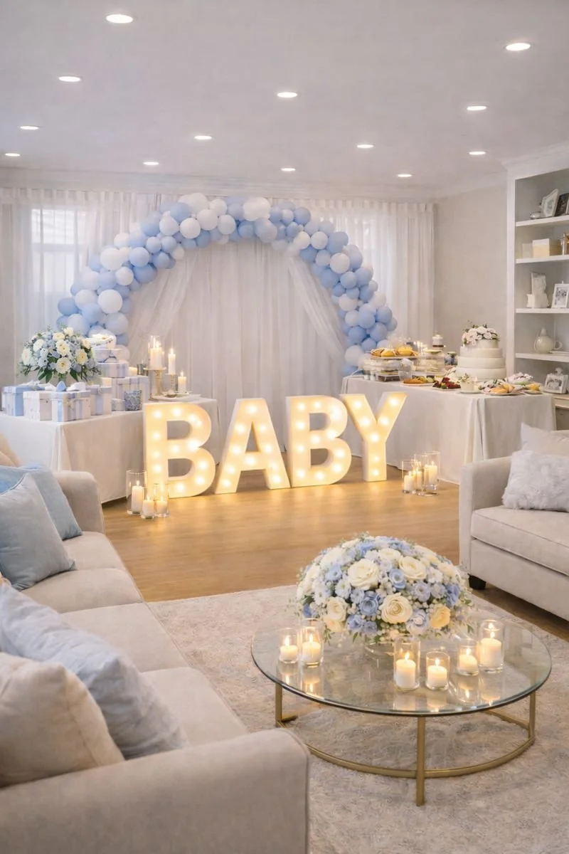 Baby shower celebration decor with illuminated 'BABY' sign, balloon arch, floral arrangements, candles, and gift tables in a bright living room.