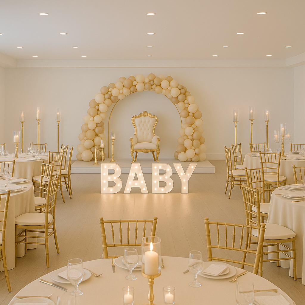 Decorative baby shower setup with a throne, balloon arch, illuminated letters spelling BABY, and elegant table settings.